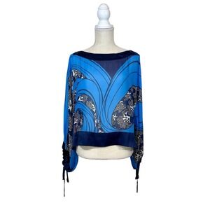 Warm NY Printed Silk Blouse Womans Sz P/S Blue Boat Neck Puff Sleeve Cropped